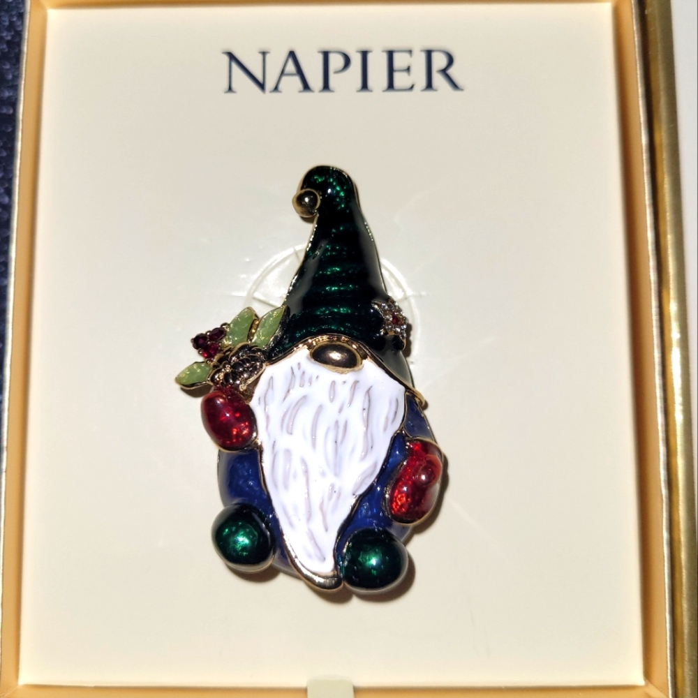 Napier Enamel Green Blue Gnome Xmas Brooch Pin NEW Gold Tone w Gift Box